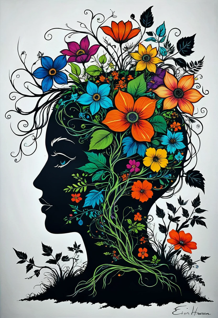 a silhouette of the outline of the brain blooming with vines and flowers by (tim burton:1.002) , rich detail, floral brain, vegetation, leave and blossoms, anatomy, vibrant, acrylc painting, wide brush strokes, colorful, (miyazaki style:0.7), colourful, autumn colors. positive vibes. (erin hansen style:1.2),((bw:-1.5), fair skin:1.3, bones:-1