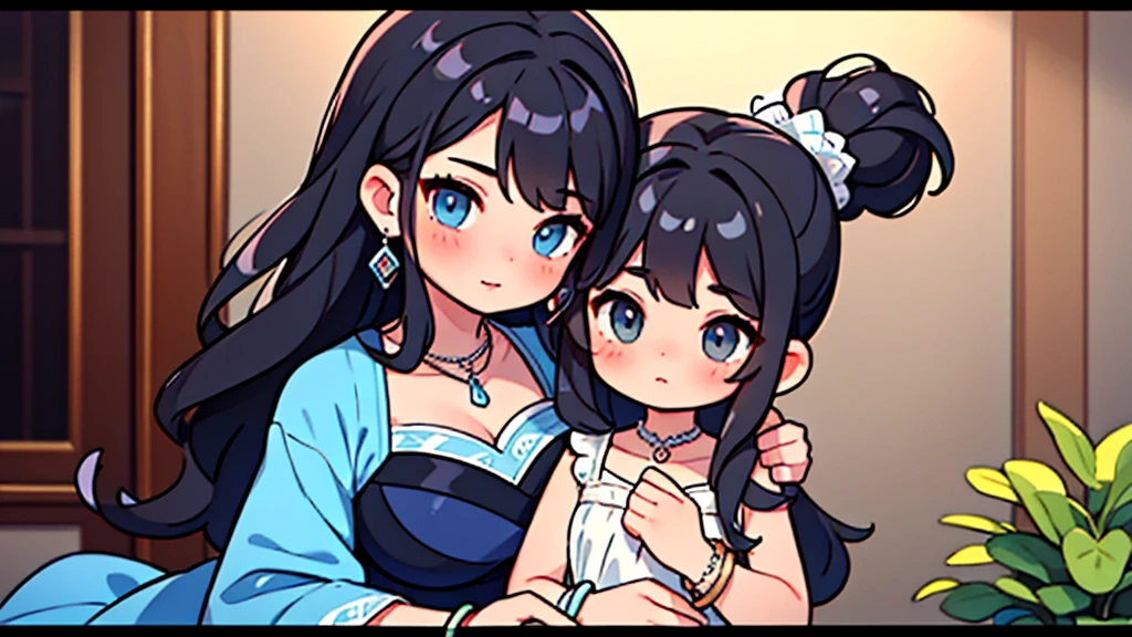 (Masterpiece,Highest quality),(Maximum details),2 girls ,black_hair,bracelet_light blue,brown_eyes,Mother's Day_formal wear