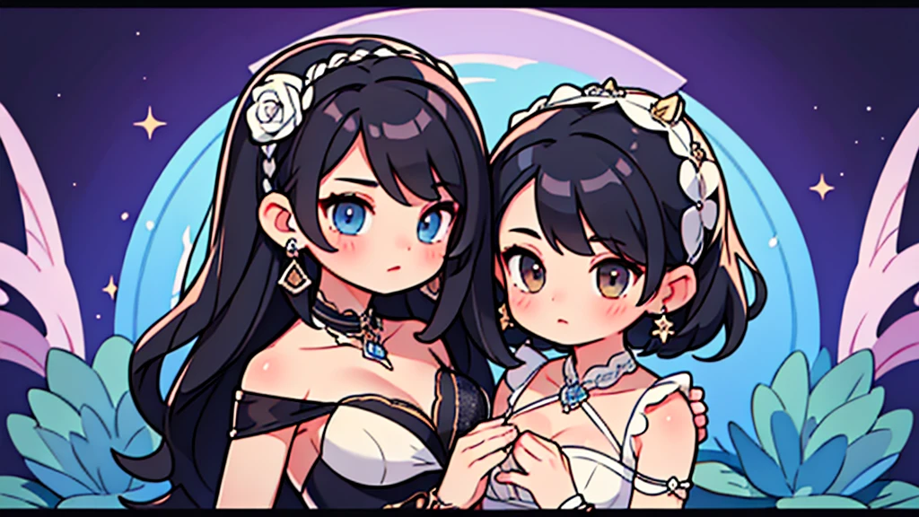 (Masterpiece,Highest quality),(Maximum details),2 girls ,black_hair,bracelet_light blue,brown_eyes,Mother's Day_formal wear