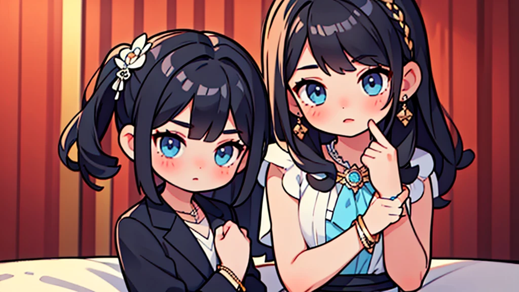 (Masterpiece,Highest quality),(Maximum details),2 girls ,black_hair,bracelet_light blue,brown_eyes,Mother's Day_formal wear