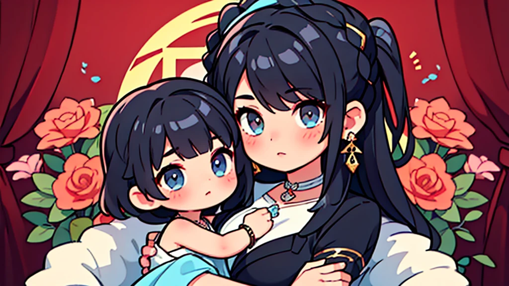 (Masterpiece,Highest quality),(Maximum details),2 girls ,black_hair,bracelet_light blue,brown_eyes,Mother's Day_formal wear