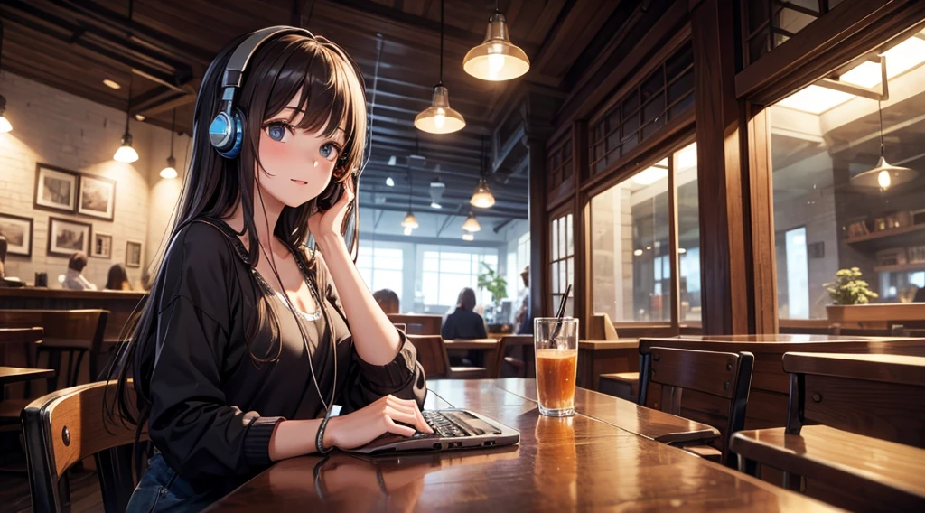 Girl with headphones enjoying music in a cafe I am studying Emphasize a little bit of the chest