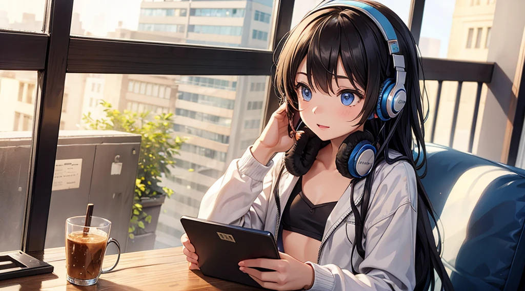 Girl with headphones enjoying music in a cafe I am studying Emphasize a little bit of the chest