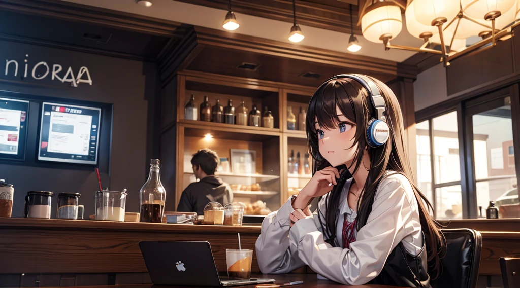 Girl with headphones enjoying music in a cafe I am studying Emphasize a little bit of the chest