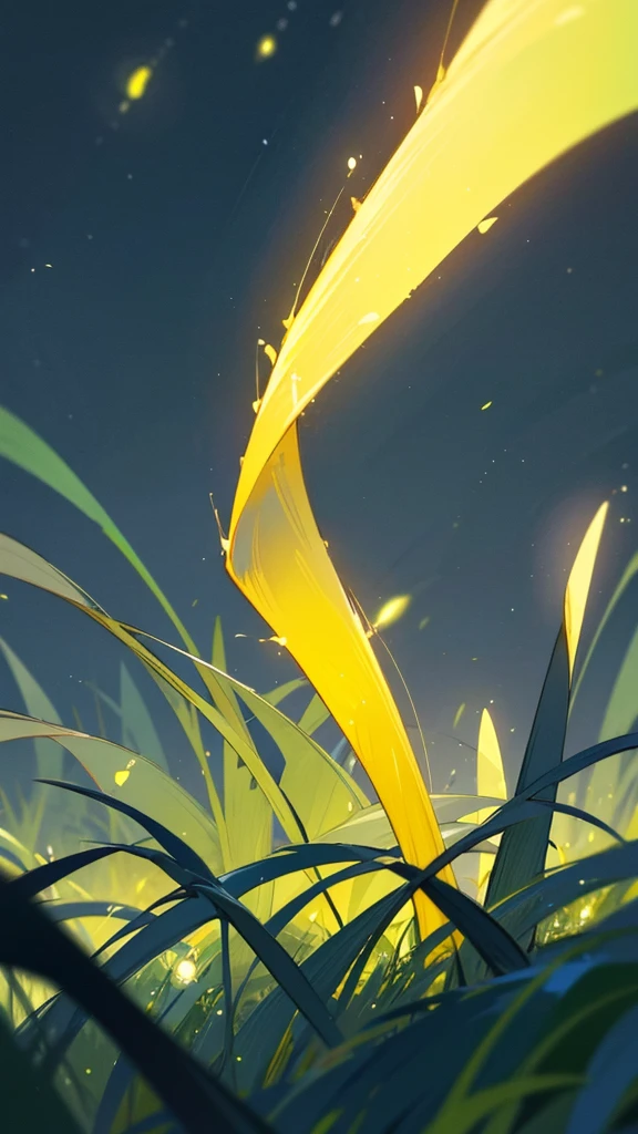 Create a photograph featuring a close-up view of fireflies glowing among grass blades against a dark, blue-toned background. The fireflies should emit a soft yellow-green light, and the overall scene should convey a sense of tranquility and natural beauty in the nighttime setting.