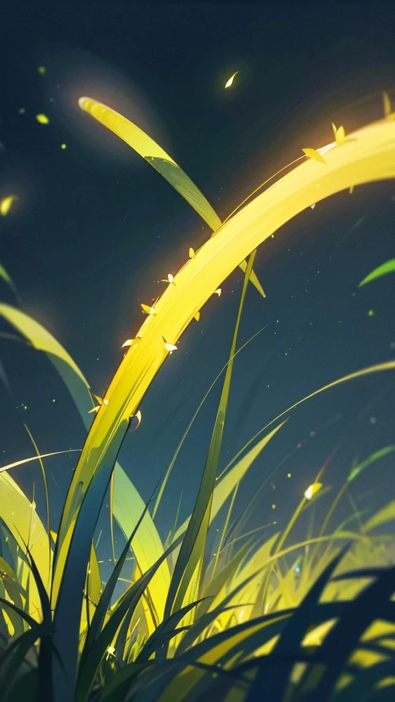 Create a photograph featuring a close-up view of fireflies glowing among grass blades against a dark, blue-toned background. The fireflies should emit a soft yellow-green light, and the overall scene should convey a sense of tranquility and natural beauty in the nighttime setting.
