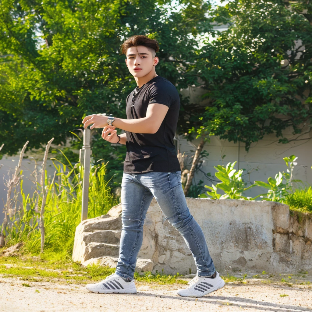 Change background sky light and white color shirt and hair styles and day click photo handsome boy cute boy realistic face hd photo ultra high quality 4k photo