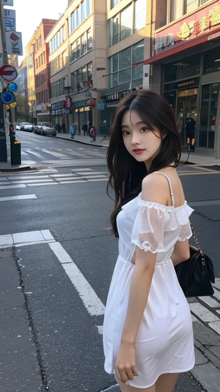 1 Girl,On the Street,Soft Light,Chinese Beauty,dress,Dark-haired,long hair