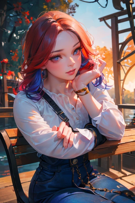 ****ung woman with red hair, flowers, jeans, white shirt, serene smile, cute face, sitting on bench, river in background, golden hour, by Daniil Suponitskiy Jpegman, (best quality,4k,8k,highres,masterpiece:1.2),ultra-detailed,(realistic,photorealistic,photo-realistic:1.37),extremely detailed eyes and face,longeyelashes,beautiful detailed eyes,beautiful detailed lips,intricate,cinematic,dramatic lighting,vibrant colors,serene atmosphere,detailed environment,photorealistic digital art