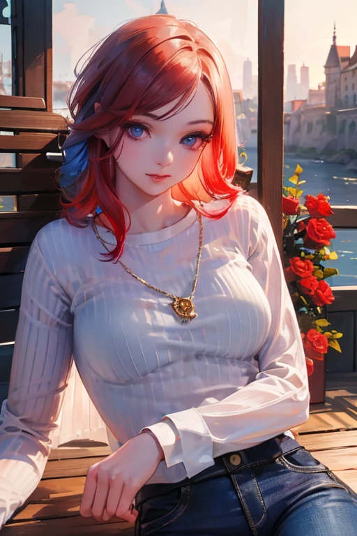 ung woman with red hair, flowers, jeans, white shirt, serene smile, cute face, sitting on bench, river in background, golden hour, by Daniil Suponitskiy Jpegman, (best quality,4k,8k,highres,masterpiece:1.2),ultra-detailed,(realistic,photorealistic,photo-realistic:1.37),extremely detailed eyes and face,longeyelashes,beautiful detailed eyes,beautiful detailed lips,intricate,cinematic,dramatic lighting,vibrant colors,serene atmosphere,detailed environment,photorealistic digital art