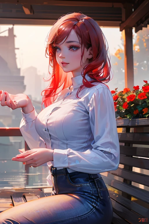 1 young woman with red hair, flowers, jeans, white shirt, serene smile, cute face, sitting on bench, river in background, golden hour, by Daniil Suponitskiy Jpegman, (best quality,4k,8k,highres,masterpiece:1.2),ultra-detailed,(realistic,photorealistic,photo-realistic:1.37),extremely detailed eyes and face,longeyelashes,beautiful detailed eyes,beautiful detailed lips,intricate,cinematic,dramatic lighting,vibrant colors,serene atmosphere,detailed environment,photorealistic digital art