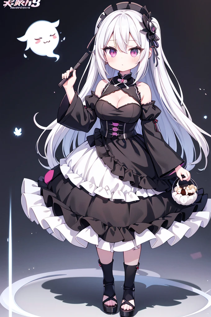 Anime-style image of a woman with white hair and black clothing, Cute 3D anime girl render, Cute anime waifu in a nice dress, Anime VTuber Full Body Model, Anime girl in a black dress, Gothic Maiden Anime Girl, Highly detailed characters, Official character art,Onmyoji,Big Tits,ghost,Eat cream puffs