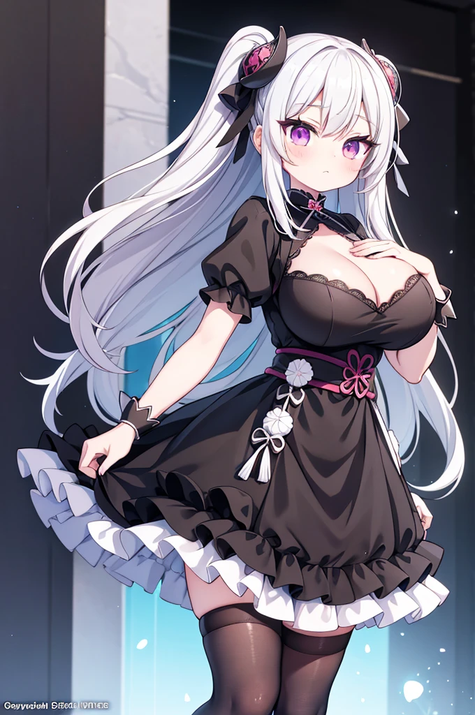 Anime-style image of a woman with white hair and black clothing, Cute 3D anime girl render, Cute anime waifu in a nice dress, Anime VTuber Full Body Model, Anime girl in a black dress, Gothic Maiden Anime Girl, Highly detailed characters, Official character art,Onmyoji,Big Tits,ghost,Eat cream puffs