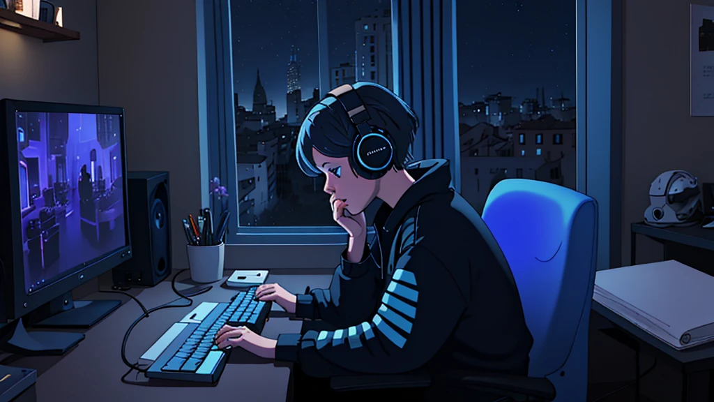 lofistudy, One girl, From the side, typing, blue head, blue eyes, Chair, computer, Headphones, indoor, keyboard_\(computer\), Laptop, monitor, computer, curtain, night, window, Milan background