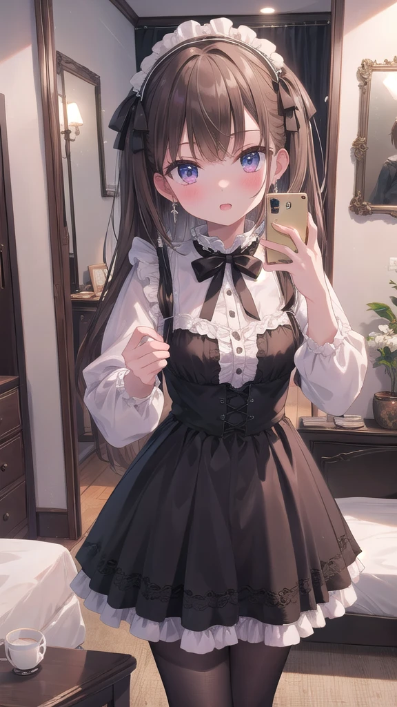 (8k, best quality, master piece: 1.2),super high resolution,1 girl, 独奏, cowboy shot ,ultra-detailed face, Selfie、Reflection in the mirror、Gothic ta、semi-long、Brown、Private room、bed、