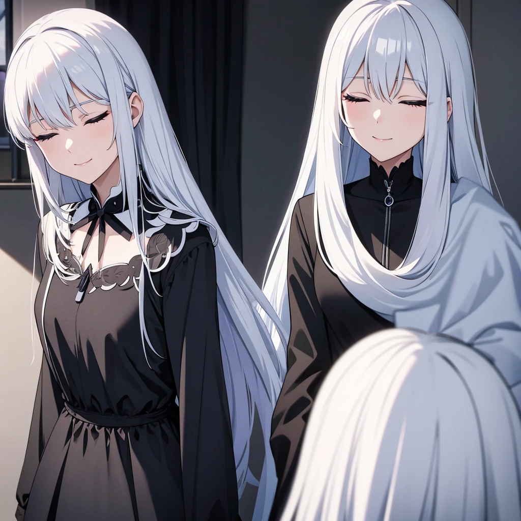 woman. straight face. Close your eyes.. I close my right eye.. bluish white hair. Long hair in the back. smile. black dress with collar