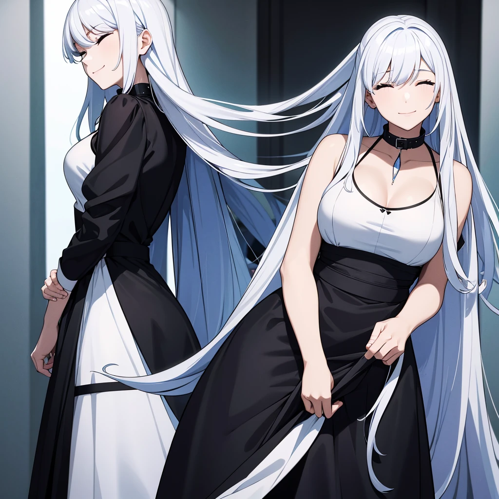 woman. straight face. Close your eyes.. I close my right eye.. bluish white hair. Long hair in the back. smile. black dress with collar