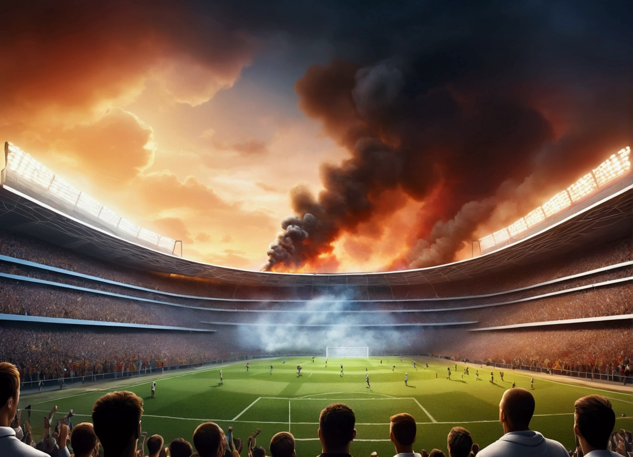 Create a view from inside the football field., The players looked at the crowd., realistic crowd, colors, a little smoke in the sky, Point of interest