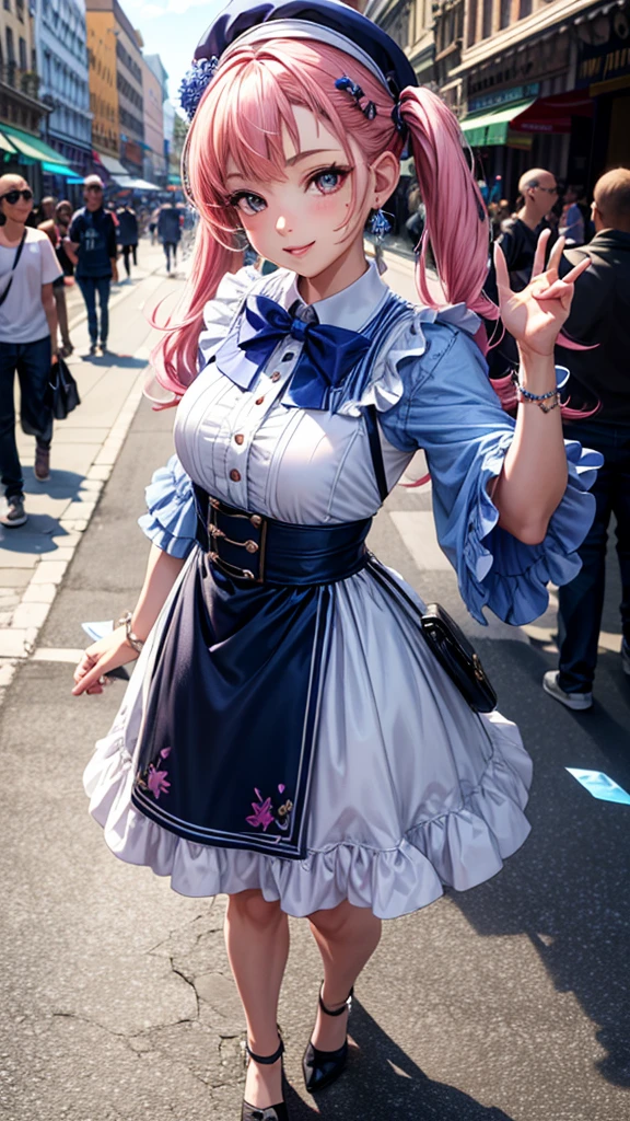 (masterpiece, best quality:1.4)
8k, highres
shiny skin, lips
super detailed skin
detailed beautiful face and eyes
bloom, spotlight, professional lighting

(masterpiece, best quality:1.4)
8k, highres
super detailed skin
detailed beautiful face and eyes
bloom, spotlight, professional lighting type: 2 head body character gender: Female Age: Youth hair color: pink
hairdo: Twintails Eye Color: Purple expression: smiling face
Dress: Street Fashion Accessories: cap、Earring Pose: Standing camera angle: Looking at the front camera: Face direction looking at camera: frontal face, Front view Character image size: Full body character perspective: close-up, Near view background type: City background color: BlueOther elements: Graffiti art art style: Photorealistic Color Palette: Bright special effects: Light reflection specific elements: Hair trend elements fluttering in the wind: Latest fashion interactive elements: Eye contact emotion expression: joy

**Selfie-inspired elements**:
- Selfie style: Selfie, arm extended, holding phone - natural pose: natural pose, candid - Background blur: blurred background, bokeh

**Additional elements**:
- Vivid colors: vibrant colors - trending place: famous landmarks, beautiful nature - A composition with a story: storytelling composition
