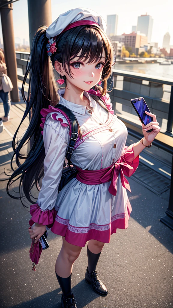 (masterpiece, best quality:1.4)
8k, highres
shiny skin, lips
super detailed skin
detailed beautiful face and eyes
bloom, spotlight, professional lighting

(masterpiece, best quality:1.4)
8k, highres
super detailed skin
detailed beautiful face and eyes
bloom, spotlight, professional lighting type: 2 head body character gender: Female Age: Youth hair color: pink
hairdo: Twintails Eye Color: Purple expression: smiling face
Dress: Street Fashion Accessories: cap、Earring Pose: Standing camera angle: Looking at the front camera: Face direction looking at camera: frontal face, Front view Character image size: Full body character perspective: close-up, Near view background type: City background color: BlueOther elements: Graffiti art art style: Photorealistic Color Palette: Bright special effects: Light reflection specific elements: Hair trend elements fluttering in the wind: Latest fashion interactive elements: Eye contact emotion expression: joy

**Selfie-inspired elements**:
- Selfie style: Selfie, arm extended, holding phone - natural pose: natural pose, candid - Background blur: blurred background, bokeh

**Additional elements**:
- Vivid colors: vibrant colors - trending place: famous landmarks, beautiful nature - A composition with a story: storytelling composition
