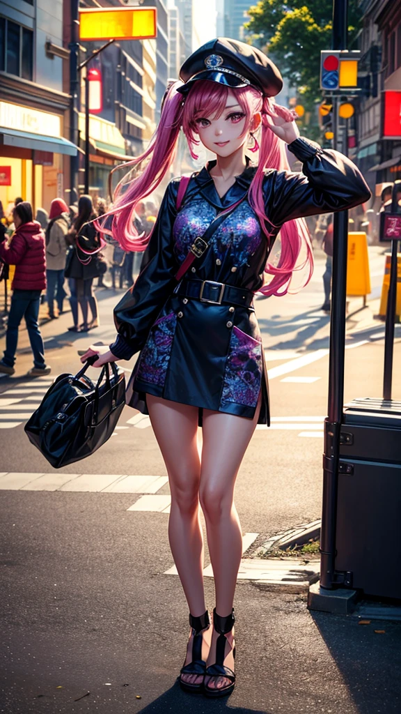 (masterpiece, best quality:1.4)
8k, highres
shiny skin, lips
super detailed skin
detailed beautiful face and eyes
bloom, spotlight, professional lighting
(masterpiece, best quality:1.4)
8k, highres
super detailed skin
detailed beautiful face and eyes
bloom, spotlight, professional lighting type: 2 head body character gender: Female Age: Youth hair color: pink
hairdo: Twintails Eye Color: Purple expression: smiling face
Dress: Street Fashion Accessories: cap、Earring Pose: Standing camera angle: Looking at the front camera: Face direction looking at camera: frontal face, Front view Character image size: Full body character perspective: close-up, Near view background type: City background color: BlueOther elements: Graffiti art art style: Photorealistic Color Palette: Bright special effects: Light reflection specific elements: Hair trend elements fluttering in the wind: Latest fashion interactive elements: Eye contact emotion expression: joy
**Selfie-inspired elements**:
- Selfie style: Selfie, arm extended, holding phone - natural pose: natural pose, candid - Background blur: blurred background, bokeh
**Additional elements**:
- Vivid colors: vibrant colors - trending place: famous landmarks, beautiful nature - A composition with a story: storytelling composition