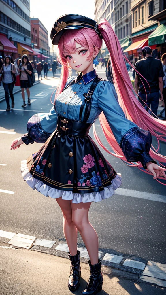 (masterpiece, best quality:1.4)
8k, highres
shiny skin, lips
super detailed skin
detailed beautiful face and eyes
bloom, spotlight, professional lighting

(masterpiece, best quality:1.4)
8k, highres
super detailed skin
detailed beautiful face and eyes
bloom, spotlight, professional lighting type: 2 head body character gender: Female Age: Youth hair color: pink
hairdo: Twintails Eye Color: Purple expression: smiling face
Dress: Street Fashion Accessories: cap、Earring Pose: Standing camera angle: Looking at the front camera: Face direction looking at camera: frontal face, Front view Character image size: Full body character perspective: close-up, Near view background type: City background color: BlueOther elements: Graffiti art art style: Photorealistic Color Palette: Bright special effects: Light reflection specific elements: Hair trend elements fluttering in the wind: Latest fashion interactive elements: Eye contact emotion expression: joy

**Selfie-inspired elements**:
- Selfie style: Selfie, arm extended, holding phone - natural pose: natural pose, candid - Background blur: blurred background, bokeh

**Additional elements**:
- Vivid colors: vibrant colors - trending place: famous landmarks, beautiful nature - A composition with a story: storytelling composition
