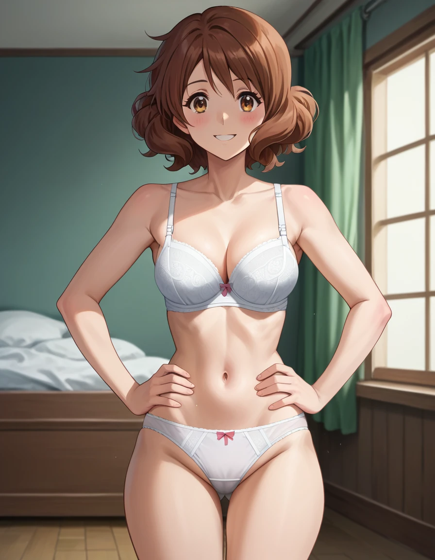 Highest quality, High resolution, masterpiece, (Beautiful Eyes), (Fine grain), Detailed face, kumiko oumae, Brown eyes, Brown Hair, short hair, Wavy Hair, smile, blush, indoor, bedroom, whiteいベッド, View your viewers, (Hands on hips:1.5), (Wide pelvis:1.5), (Big Ass), (white_bra:1.5), (white_Panties:1.5), (Thick thighs), nsfw