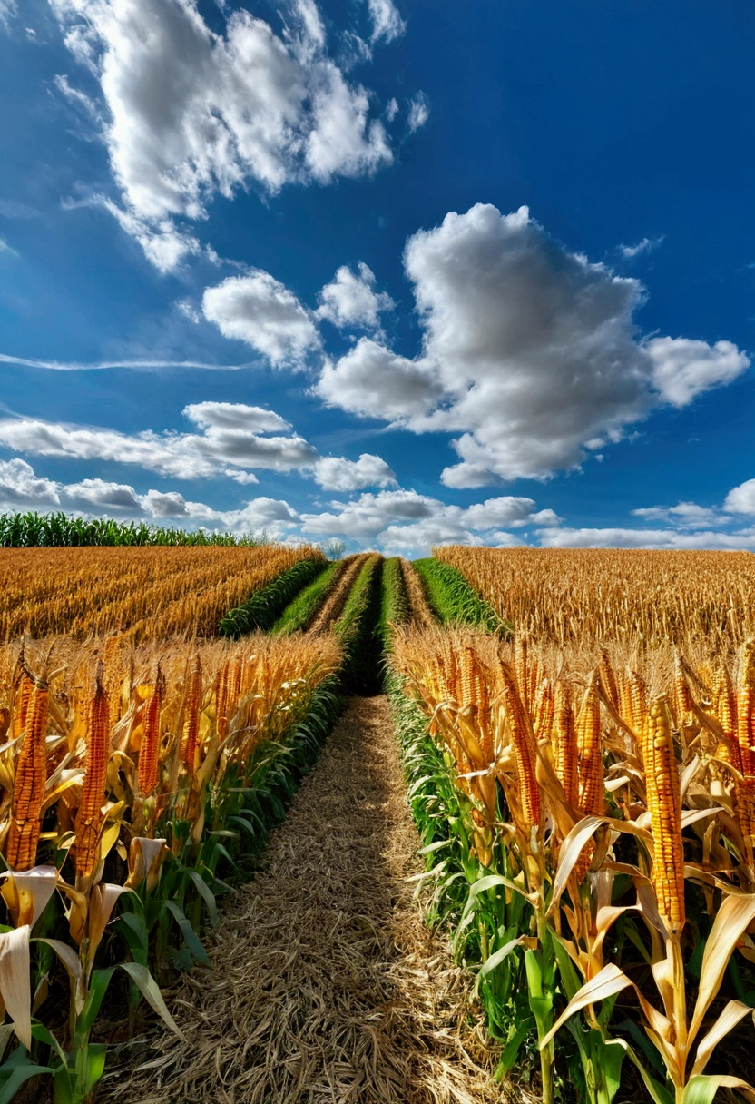 high resolution,HDR,Sharp focus,Extremely detailed,Practical,Cornfield,landscape,photoPractical,Bright colors,Natural Lighting,calm的,serene,farmland,harvest,autumn,windy,Quiet,Rolling Hills,Beautiful texture,Grassy,Golden corn stalks,Corn growing vigorously on the corn stalks，Blue sky,Fluffy clouds,Rustling Leaves,Magnificent sunrise,calm,Unspoiled nature,,abundant natural resources,Organic farming,sustainable agriculture,Lush greenery,The Gift of Land,fresh air，Totally true