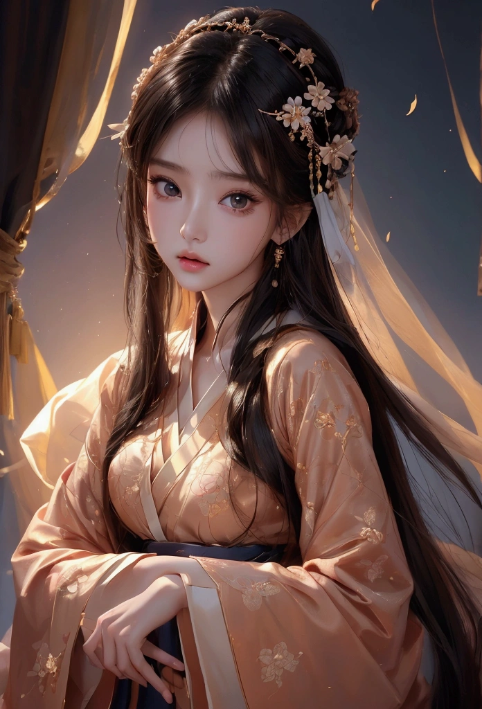 Best image quality、8k、masterpiece:1.3))、Realistic high-quality photos、Highest quality、 Beautiful face、Photos of slim models、Beautiful girl model、Young and pretty face、Beautiful model girl、A lovely and delicate face、Black Hair、Beautiful brown eyes、Young Body、Hanfu, (emphasize)、from the front、Camera gaze,、Anatomically correct、胸の谷間をemphasize、whole body、13-year-old female model
