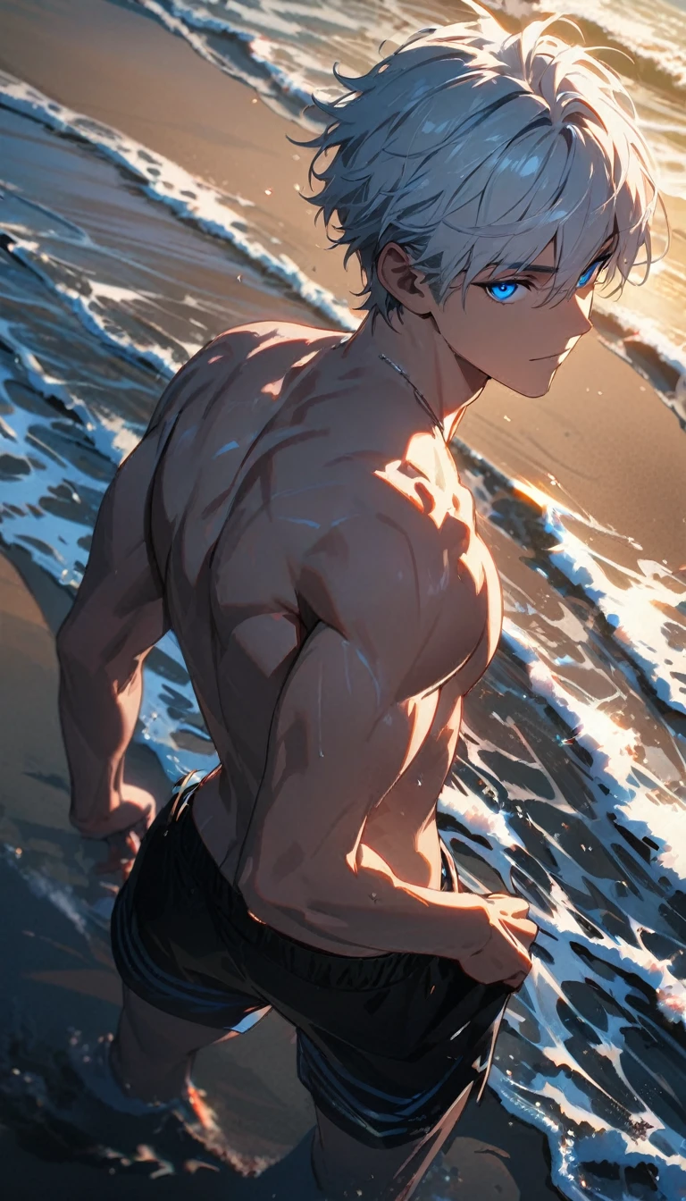 1 male, short hair, white hair, blue eyes, ager, calm expression, beach, shirtless, slightly muscular, handsome (best quality,4k,highres,masterpiece:1.2),ultra-detailed, dramatic lighting,vibrant colors,cinematic, fullbody