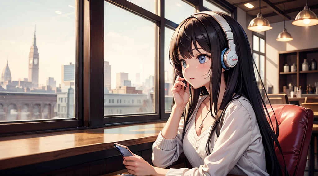 Girl with headphones enjoying music in a cafe I am studying Emphasize a little bit of the chest