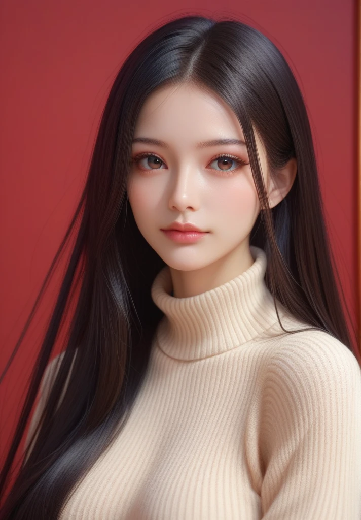 ,score_9,score_8_up,score_7_up, 20 years old, 8k, hd, beautiful girl, black hair, very long hair, straight hair, closed mouth,
1girl, detailed face, beautiful woman's face, sweater, red background, looking at viewer,