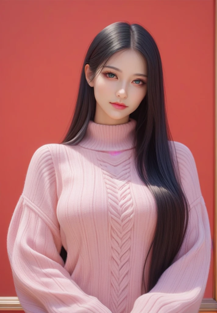 ,score_9,score_8_up,score_7_up, 20 years old, 8k, hd, beautiful girl, black hair, very long hair, straight hair, closed mouth,
1girl, detailed face, beautiful woman's face, sweater, red background, looking at viewer,