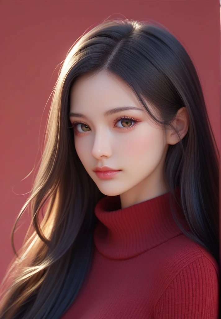 ,score_9,score_8_up,score_7_up, 20 years old, 8k, hd, beautiful girl, black hair, very long hair, straight hair, closed mouth,
1girl, detailed face, beautiful woman's face, sweater, red background, looking at viewer,