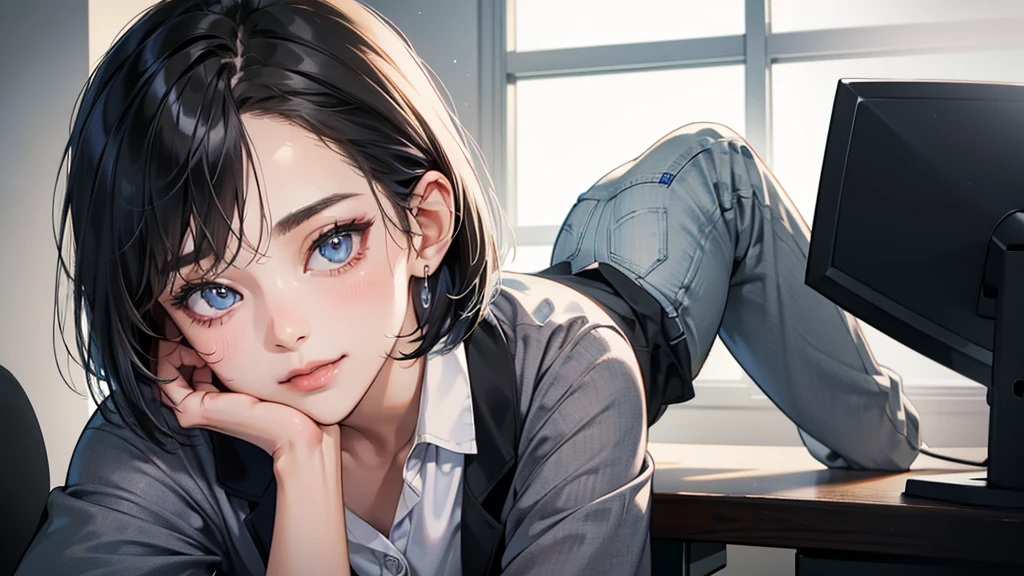 (perfect anatomy:1.2)(absurdres, highres, ultra detailed),masterpiece,best quality,high resolution,8k,Realistic face,Realistic skin texture,magnified textures, stunning clarity,detailed anime girl,(ultra detailed eyes and face),(1 girl:1.2)21years old,she is office worker,,smile:1.2,black hair, bob cut,natural make,grey jacket and pants,black brouse,,sparkling eyes.small nose,roundface,office,sitting at her desk,Looking at the VIEWER,she loves viewer