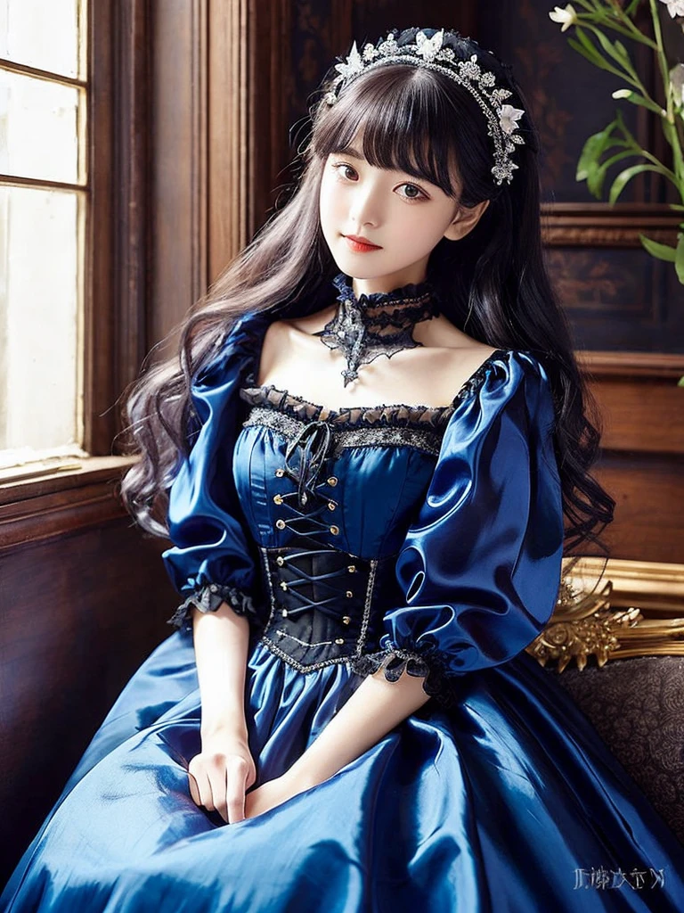 ((masterpiece)),((highest quality)),(Very detailed),(figure),((Very delicate and beautiful)),(Dynamic Angle),
One teenage girl, Flowers, spring, Next to the window, Rose, Very long hair, Detailed face, Long eyelashes, Ruffle sleeves, corset, tiara, Princess, Eyes of a black-and-white mansion in a luxurious Western-style building, Eyes Wide Open, sunny, Dawn, sunny, Midi dress in dark blue silk satin, Long sleeve、Puff sleeves、Rose, Straight long hair、Straight cut bangs、Black Hair, Patterned clothing, (Gothic:1.4), Platform heels, Dark blue knee socks,Whole body image
