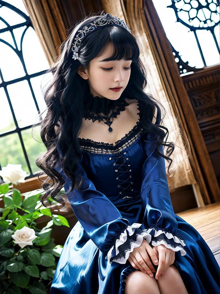 ((masterpiece)),((highest quality)),(Very detailed),(figure),((Very delicate and beautiful)),(Dynamic Angle), 
One teenage girl, Flowers, spring, Next to the window, Rose, Very long hair, Detailed face, Long eyelashes,   Ruffle sleeves, corset, tiara, Princess, Eyes of a black-and-white mansion in a luxurious Western-style building,   Eyes Wide Open, sunny, Dawn, sunny,  Midi dress in dark blue silk satin, Long sleeve、Puff sleeves、Rose, Straight long hair、Straight cut bangs、Black Hair, Patterned clothing,  (Gothic:1.4), Platform heels, Dark blue knee socks,Whole body image