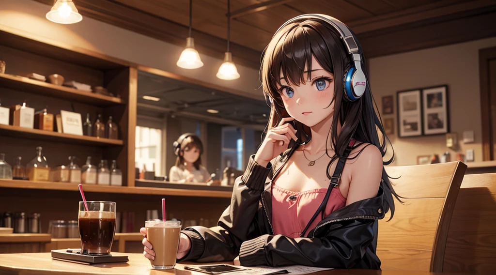 Girl with headphones enjoying music in a cafe I am studying Emphasize a little bit of the chest