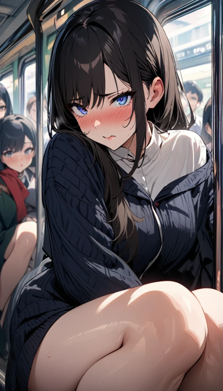 masterpiece, Highest quality, Ultra-high resolution, (beautiful girl: 1.3), (((Half-up hair)))、Brown Hair,Looks about 、 (Blue sweatpants:1.3), (The jacket is a blue track jacket.: 1.3), Rear View、parking、Large buses,Many of her classmates were shocked to see her wearing sweatpants that were a size too small on the bus.,(Focus on the very big things, Round and beautifully shaped butt),(skin tight:1.3),blush,Embarrassing,