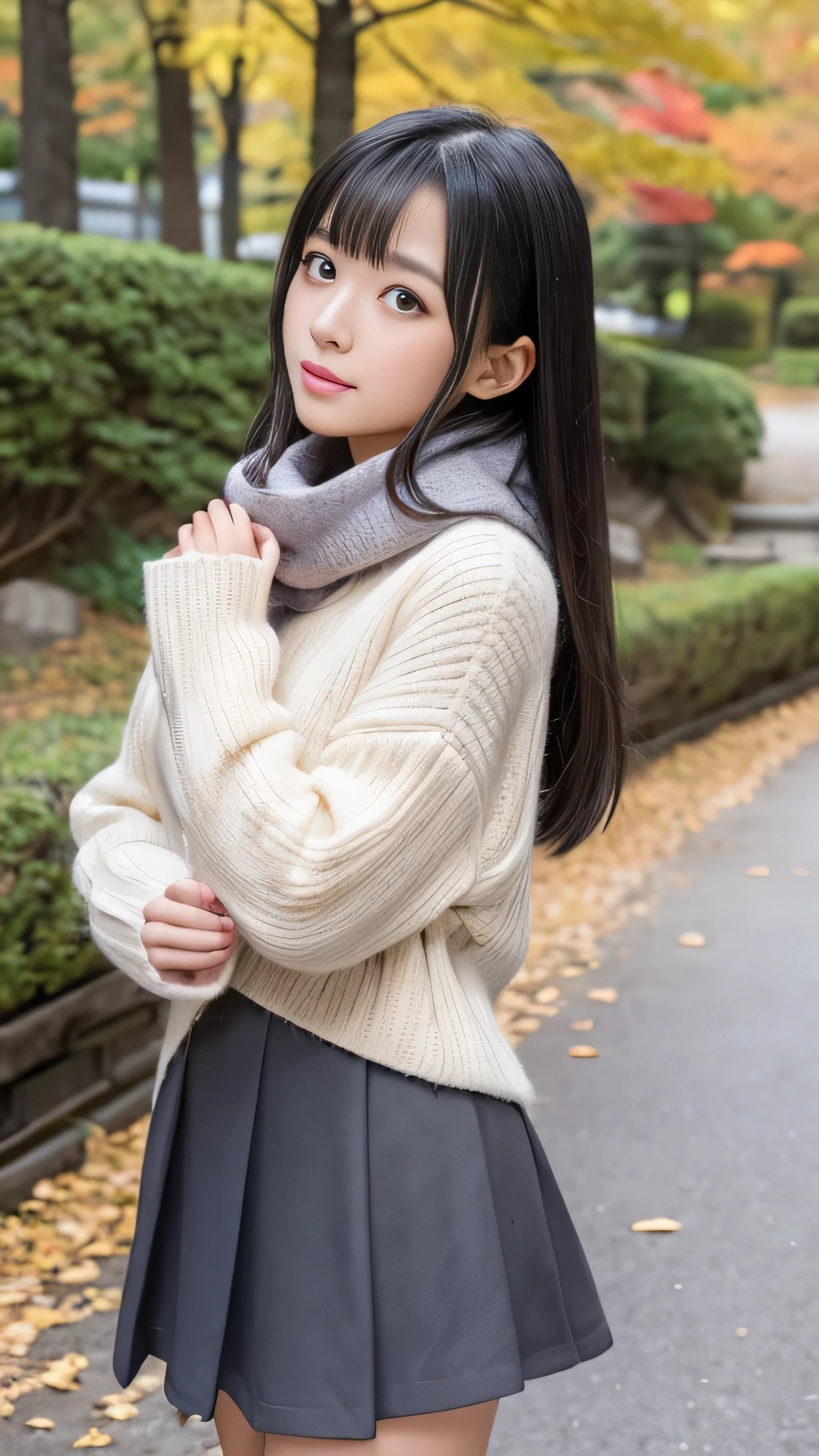 Create an image of a 21-year-old Japanese girl named Kotone at Morioka Castle Ruins Park in Iwate. She has very long, perfectly straight black hair that reaches down to her waist, with bangs that cover her forehead. Her eyes are large, enchanting, and have a double eyelid. She has a delicate and youthful face with snow-like white skin that is smooth and flawless. Kotone is wearing a fashionable autumn outfit, including a cozy sweater, a stylish scarf, and a knee-length skirt. She is standing among the beautiful fall foliage, looking up with a peaceful and reflective expression.