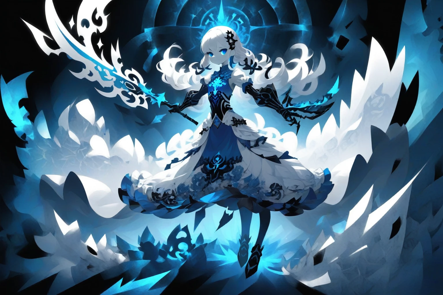 One girl, (Monochrome:1.4), Blue Theme, whole body, fractal, dress, Have a weapon