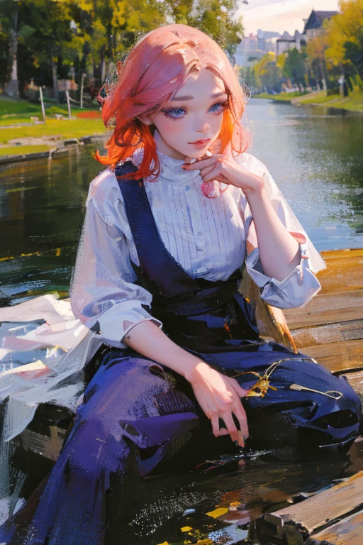 ung woman with red hair, flowers, jeans, white shirt, serene smile, cute face, sitting on bench, river in background, golden hour, by Daniil Suponitskiy Jpegman, (best quality,4k,8k,highres,masterpiece:1.2),ultra-detailed,(realistic,photorealistic,photo-realistic:1.37),extremely detailed eyes and face,longeyelashes,beautiful detailed eyes,beautiful detailed lips,intricate,cinematic,dramatic lighting,vibrant colors,serene atmosphere,detailed environment,photorealistic digital art