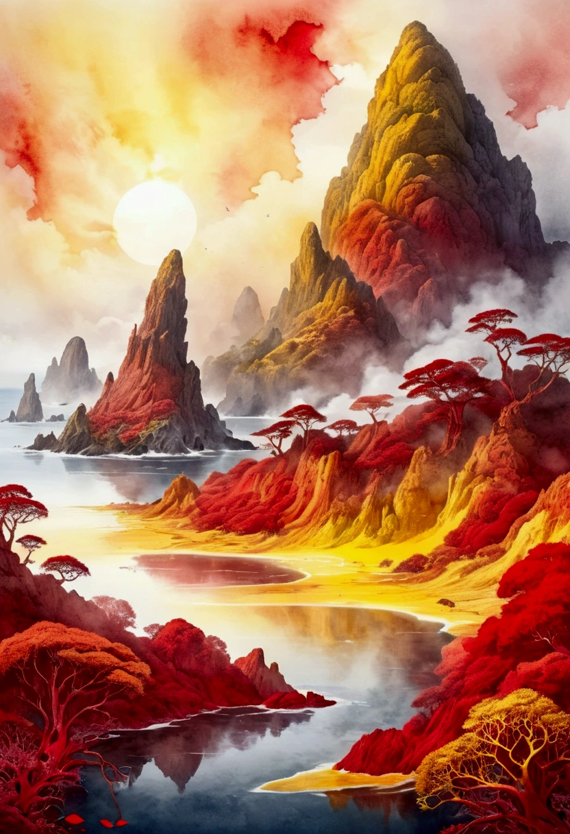 (Mysterious Island), reaching the critical point of red shown as yellow fractal shapes blending together, in Ethereal Watercolor style, with dreamy washes, award-winning, cinematic still, emotional, vignette, dynamic, vivid, (masterpiece, best quality, Professional, perfect composition, very aesthetic, absurdres, ultra-detailed, intricate details:1.3)
