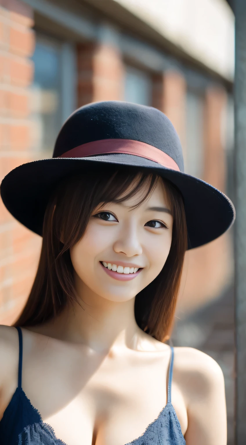 masterpiece,best quality,(Japanese ),((Beautiful girl)),cleavage,(perfect body beauty:1.2),(shy smile),beautiful teeth,(hat),(Blurred background of brick buildings),