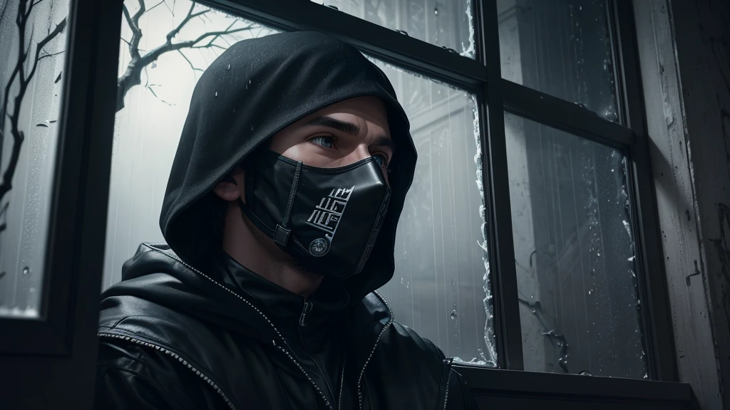 UHD, 4k, ultra detailed, cinematic, a photograph of a men is looking out a window at the rain,1boy,sitting,indoors,tree,window,dark,bare tree,horror (theme) , vantablack style, super-black coating style, dark coating style epic, beautiful lighting, inpsiringskull mask, face mask,