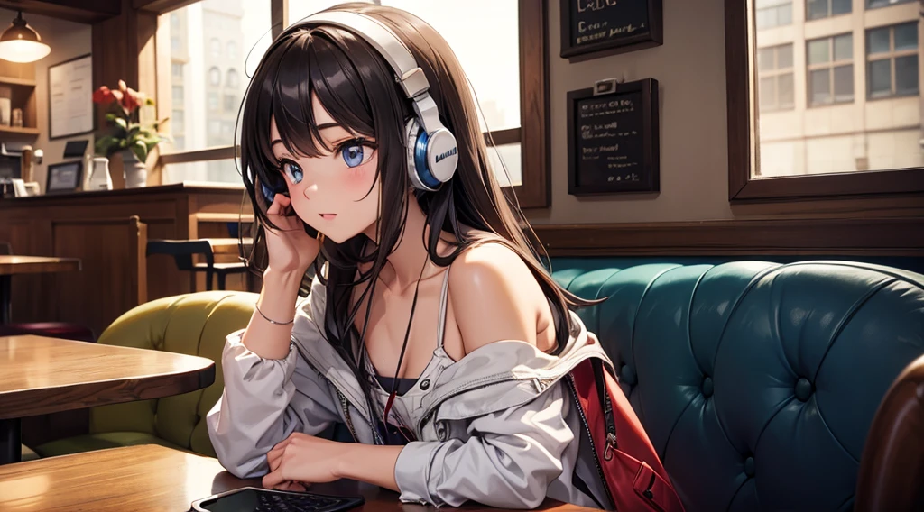 Girl with headphones enjoying music in a cafe　I am studying　Emphasize a little bit of the chest