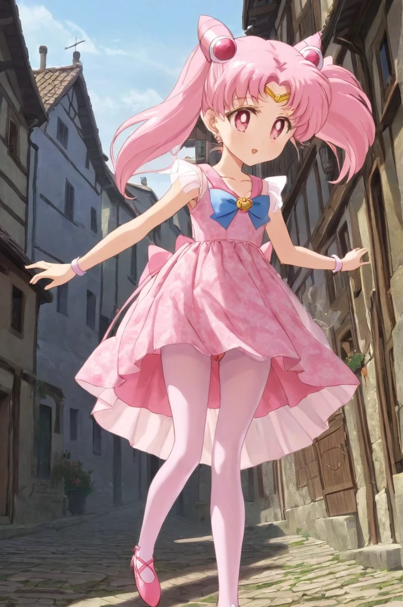 10 year old girl underwear,Chibiusa、Realistic bloomers made from patterned cotton fabric, Medieval one-piece dress with panniers, Fabric Realism, Low - Angle, I see bloomers, Pull up the dress by hand, Strong winds, Translucent slip, Translucent slip, tights, Highest quality, whole body