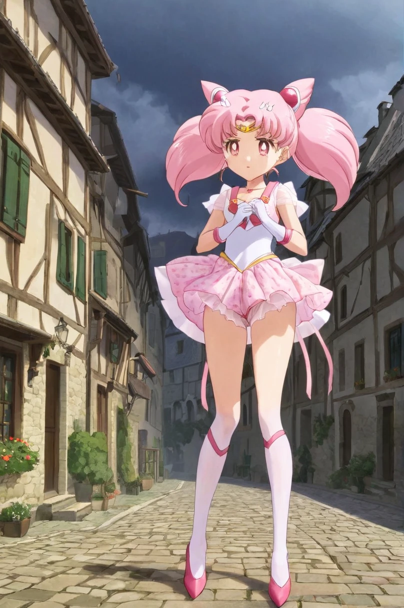 girl underwear,Chibiusa、Realistic bloomers made from patterned cotton fabric, Medieval one-piece dress with panniers, Fabric Realism, Low - Angle, I see bloomers, Pull up the dress by hand, Strong winds, Translucent slip, Translucent slip, tights, Highest quality, whole body