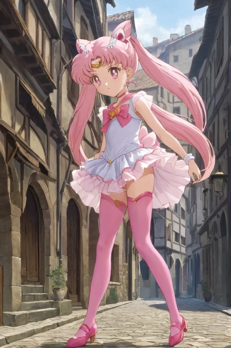 10 year old girl underwear,Chibiusa、Realistic bloomers made from patterned cotton fabric, Medieval one-piece dress with panniers, Fabric Realism, Low - Angle, I see bloomers, Pull up the dress by hand, Strong winds, Translucent slip, Translucent slip, tights, Highest quality, whole body