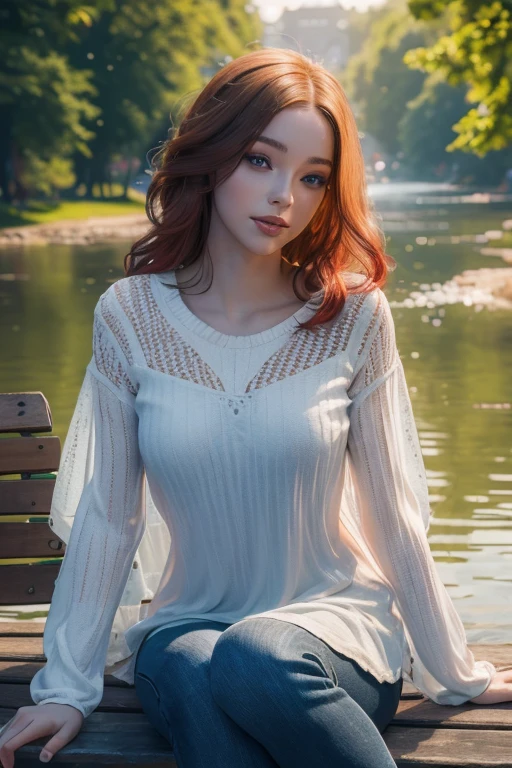 ung woman with red hair, flowers, jeans, white shirt, serene smile, cute face, sitting on bench, river in background, golden hour, by Daniil Suponitskiy Jpegman, (best quality,4k,8k,highres,masterpiece:1.2),ultra-detailed,(realistic,photorealistic,photo-realistic:1.37),extremely detailed eyes and face,longeyelashes,beautiful detailed eyes,beautiful detailed lips,intricate,cinematic,dramatic lighting,vibrant colors,serene atmosphere,detailed environment,photorealistic digital art